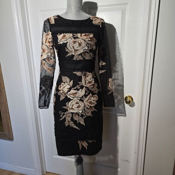 Badgley Mischka Black and Cream Floral Mini Dress - Picture 2 of 6